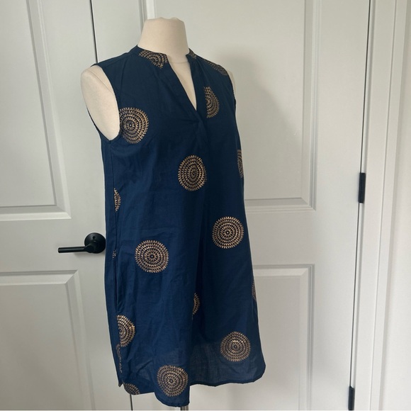 OLIPHANT size M Navy Blue Gold Medallion Print Sleeveless Dress w/ Pockets - Picture 1 of 9